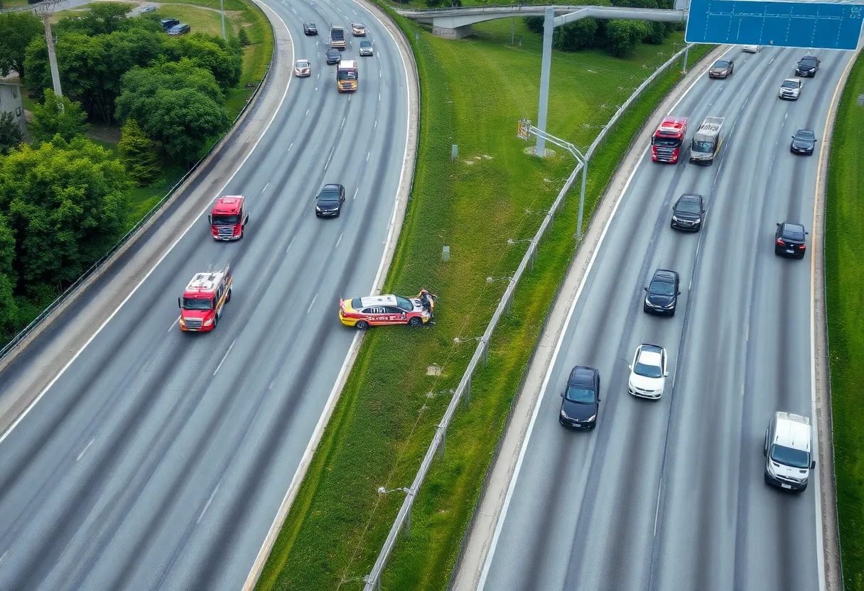 Emergency vehicles attending to a crash on the freeway.