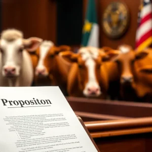 Legal document for Proposition 12 with farm animals in the background