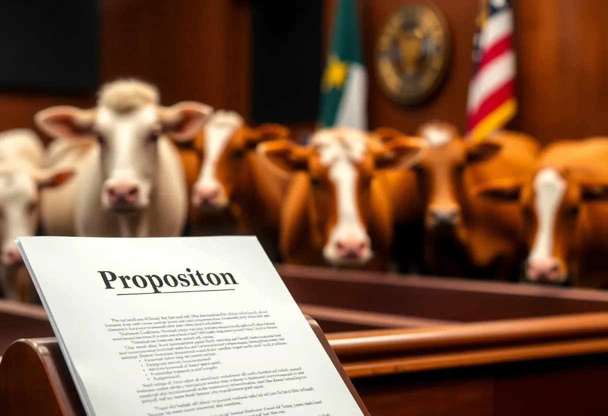 Legal document for Proposition 12 with farm animals in the background