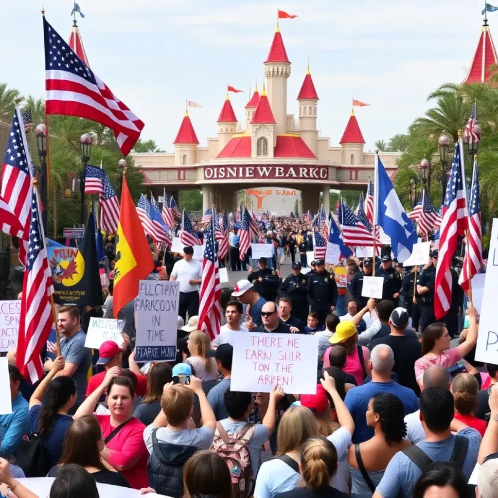 Crowd of protesters outside Disneyland holding flags and signs