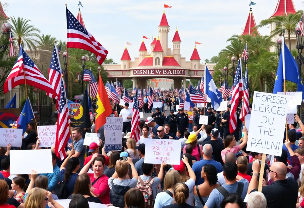 Crowd of protesters outside Disneyland holding flags and signs