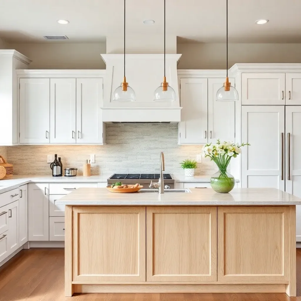 Renovated kitchen featuring white cabinetry and stylish island