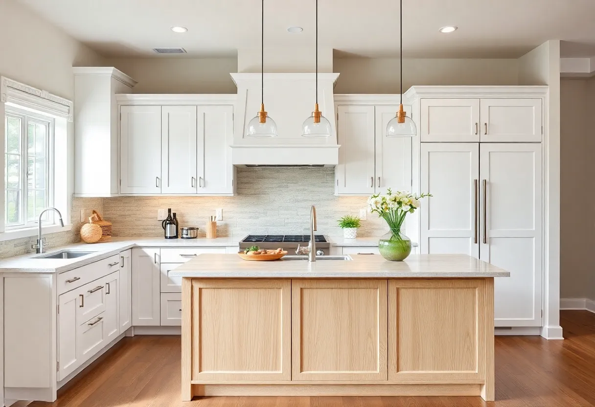 Renovated kitchen featuring white cabinetry and stylish island