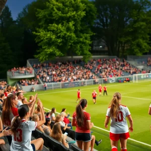 San Diego State women's soccer team playing a match with fans in the background