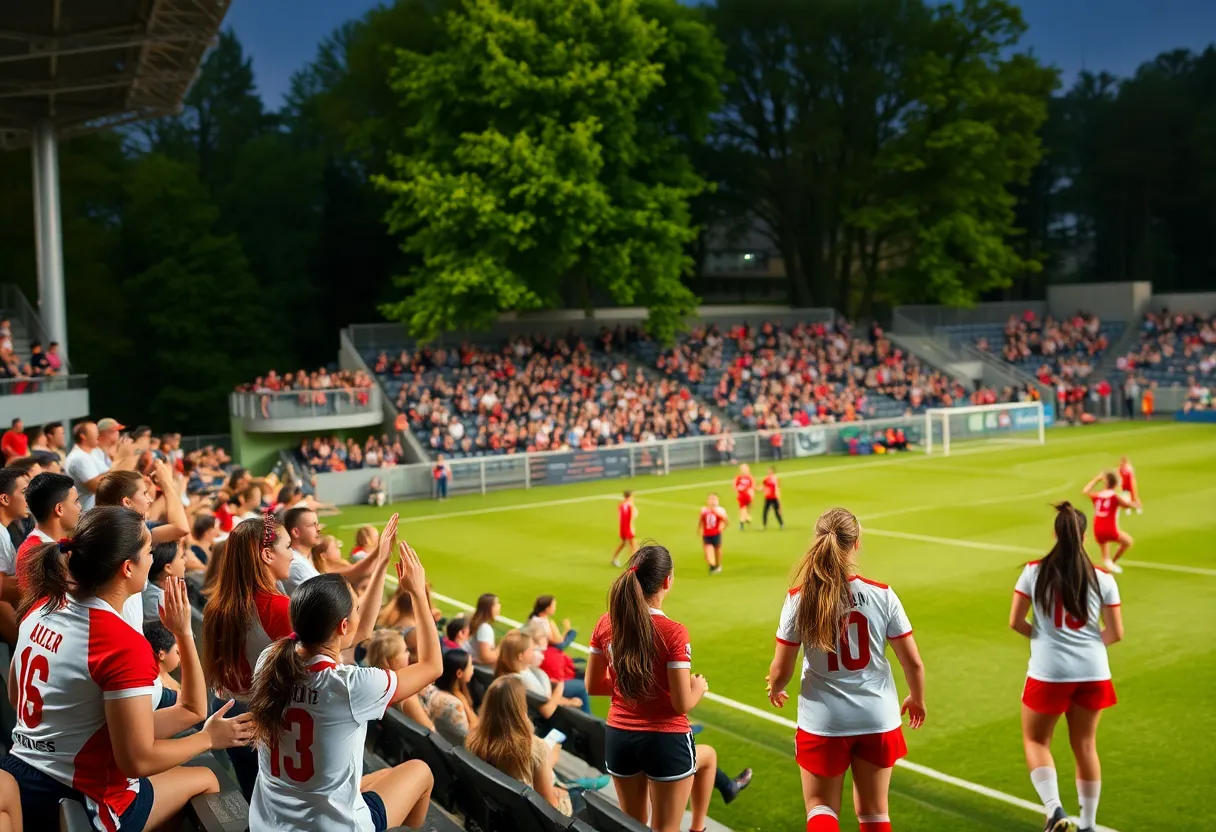 San Diego State women's soccer team playing a match with fans in the background