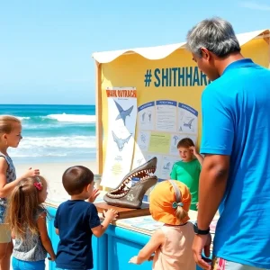 Families interacting at the Shark Shack educational program on the beach
