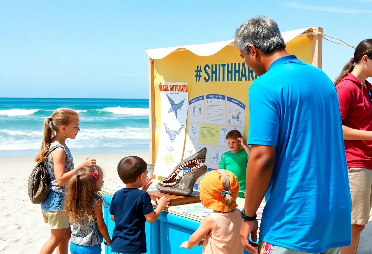 Families interacting at the Shark Shack educational program on the beach