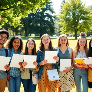 A diverse group of students celebrating scholarship awards in a park