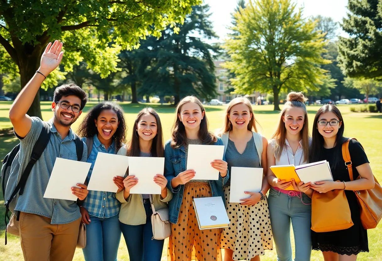 A diverse group of students celebrating scholarship awards in a park