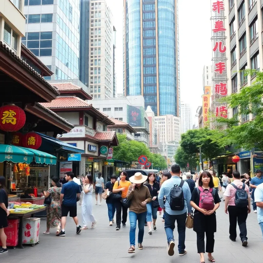 A bustling street scene in Taipei with a mix of modern and traditional aspects.