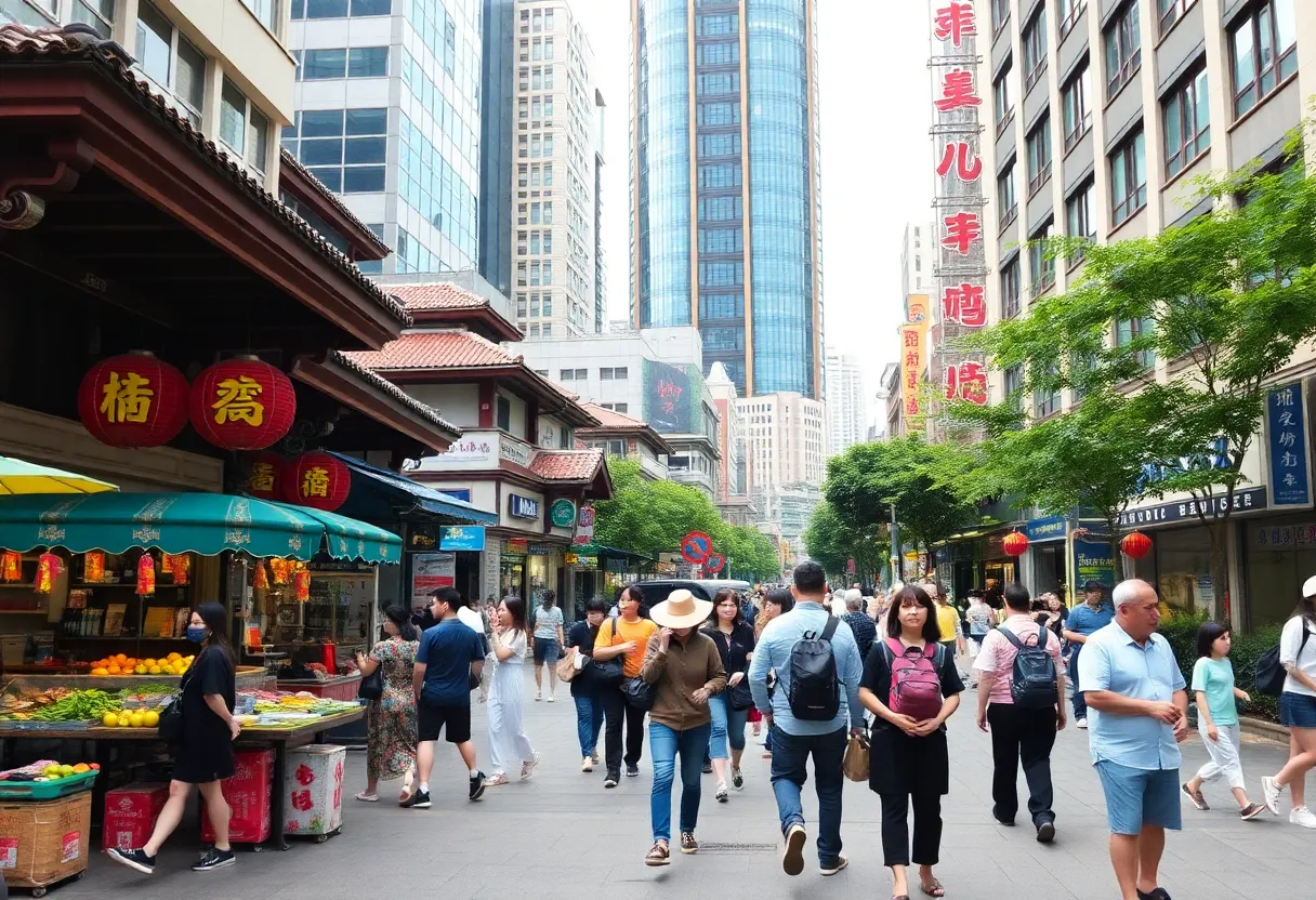 A bustling street scene in Taipei with a mix of modern and traditional aspects.
