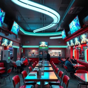 Exterior view of the Tesla Diner with people and charging stations.