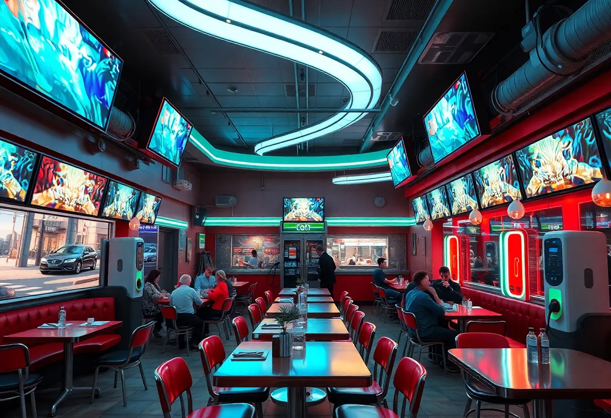 Exterior view of the Tesla Diner with people and charging stations.