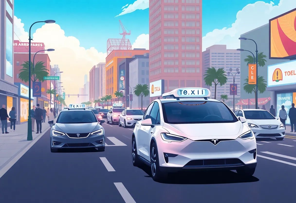 Tesla robotaxi navigating city streets amidst local events