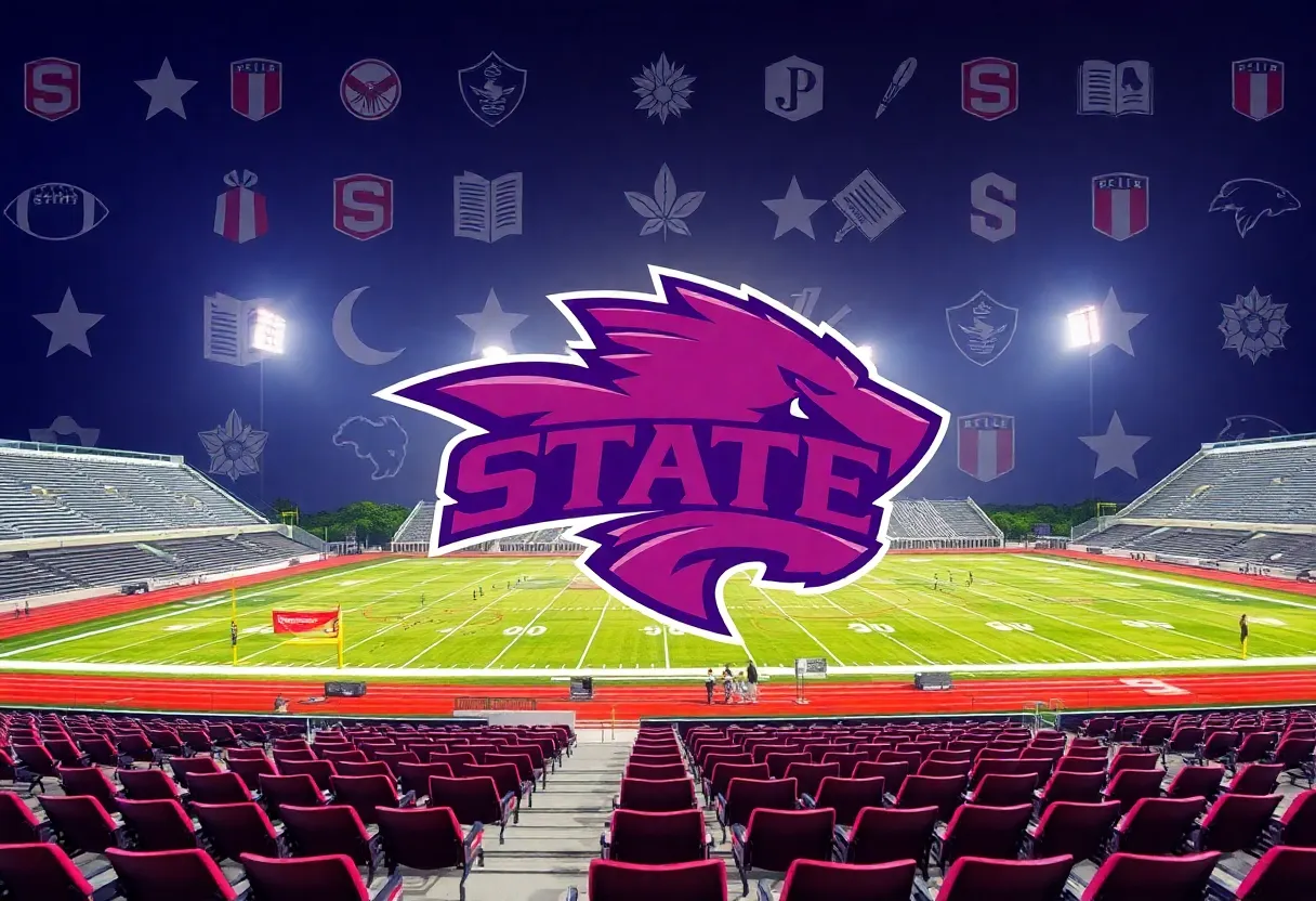 Texas State University logo with a football stadium background