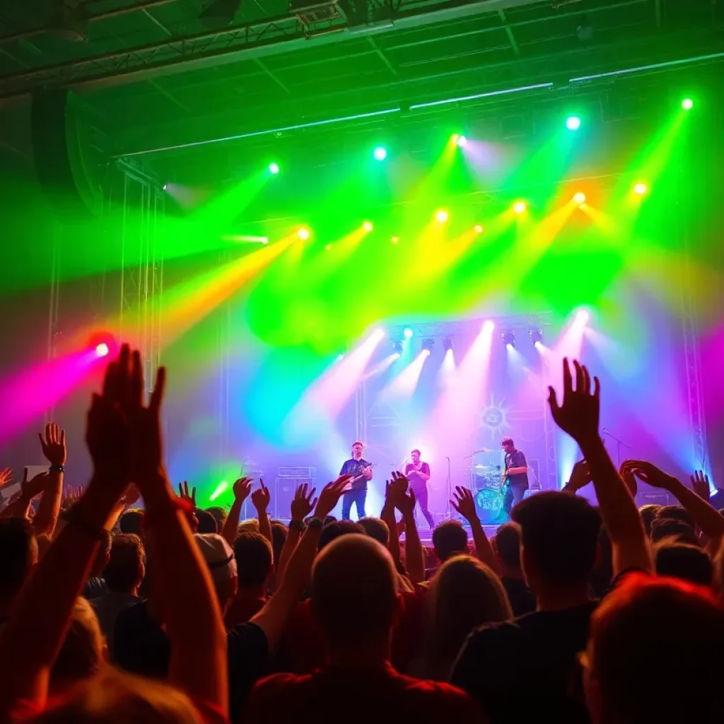 Thrice performing live at a concert with enthusiastic crowd