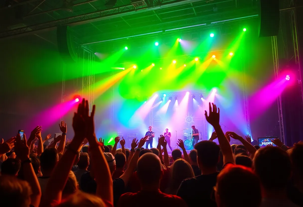 Thrice performing live at a concert with enthusiastic crowd