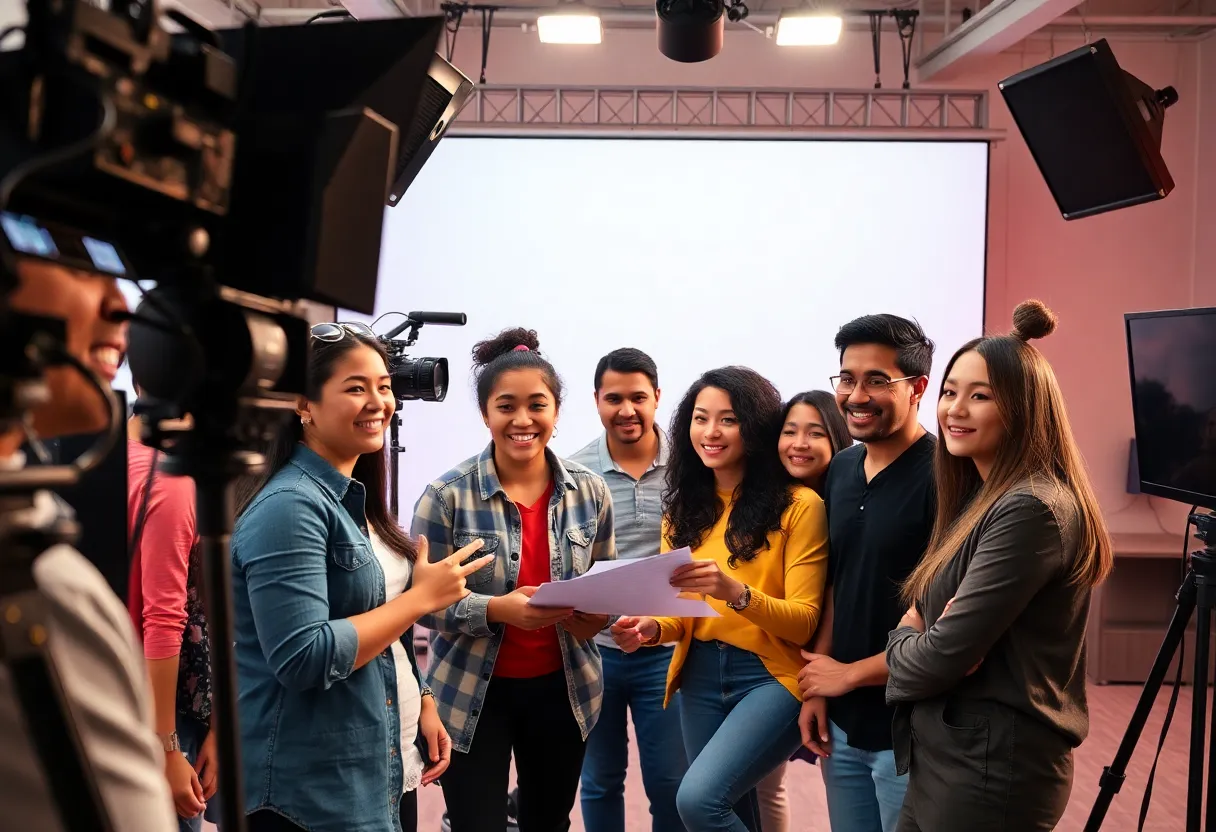 Young professionals collaborating in a television production