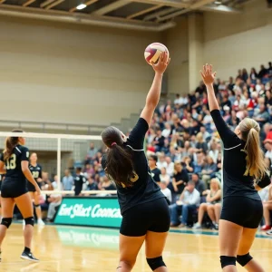 UNM volleyball teams competing in an indoor arena