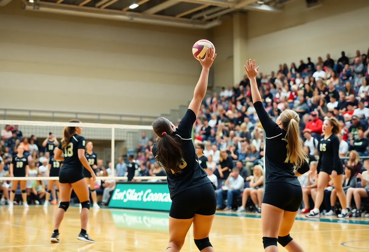UNM volleyball teams competing in an indoor arena