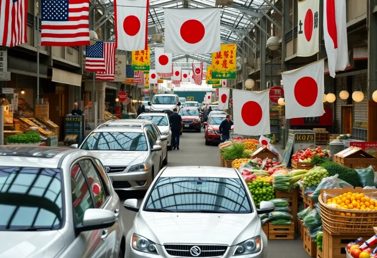 Market showing U.S. and Japanese products symbolizing trade relations