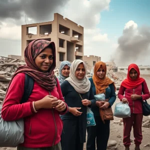 Volunteers assisting in a war-torn area, illustrating resilience amidst conflict.