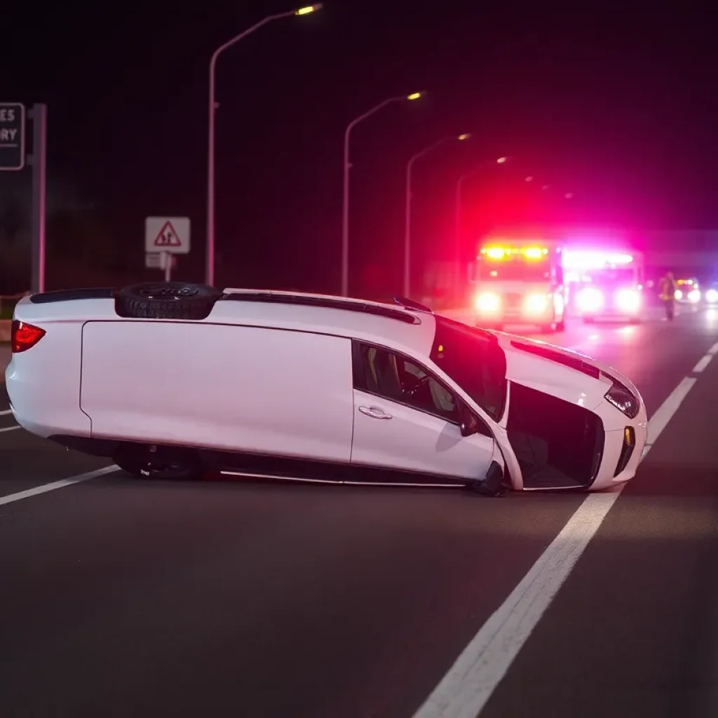 Overturned vehicle on Interstate 5 with emergency responders present