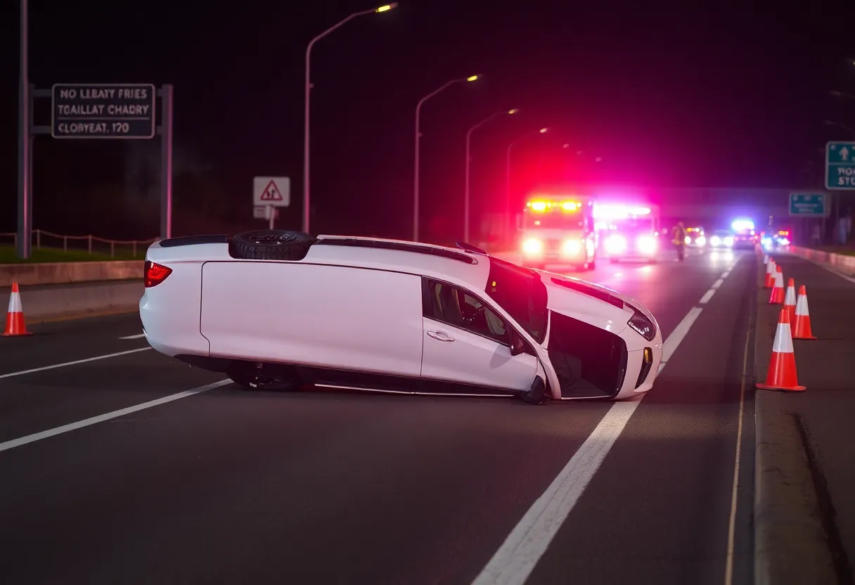 Overturned vehicle on Interstate 5 with emergency responders present