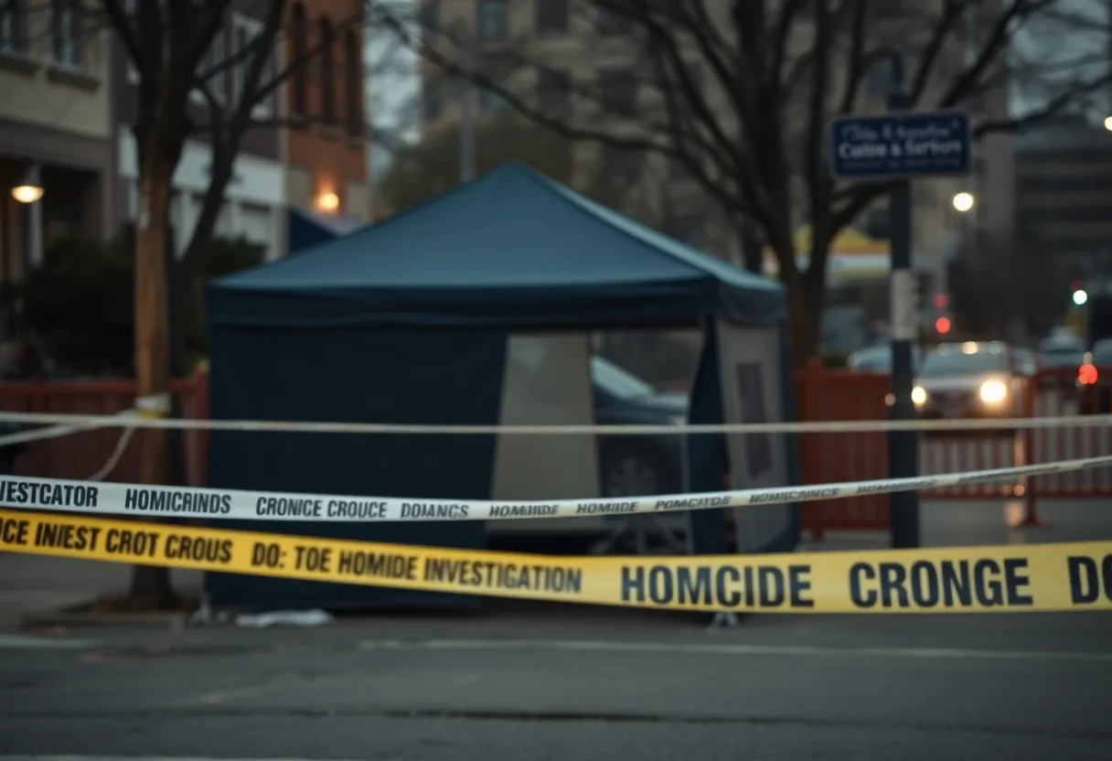 Scene of a tent marked by police tape indicating a homicide investigation in Anaheim