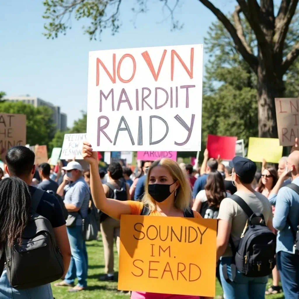 Protesters gathering in Anaheim against immigration raids, holding banners for immigrant rights.