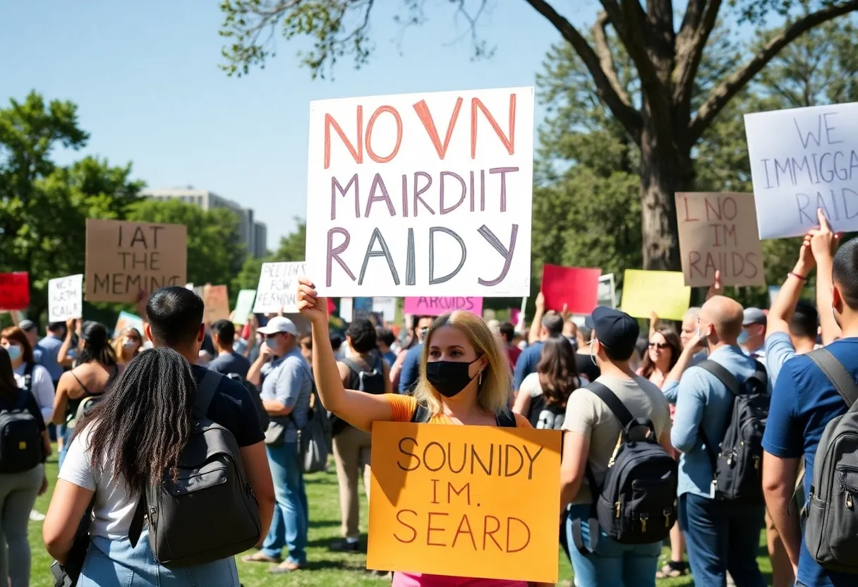 Protesters gathering in Anaheim against immigration raids, holding banners for immigrant rights.