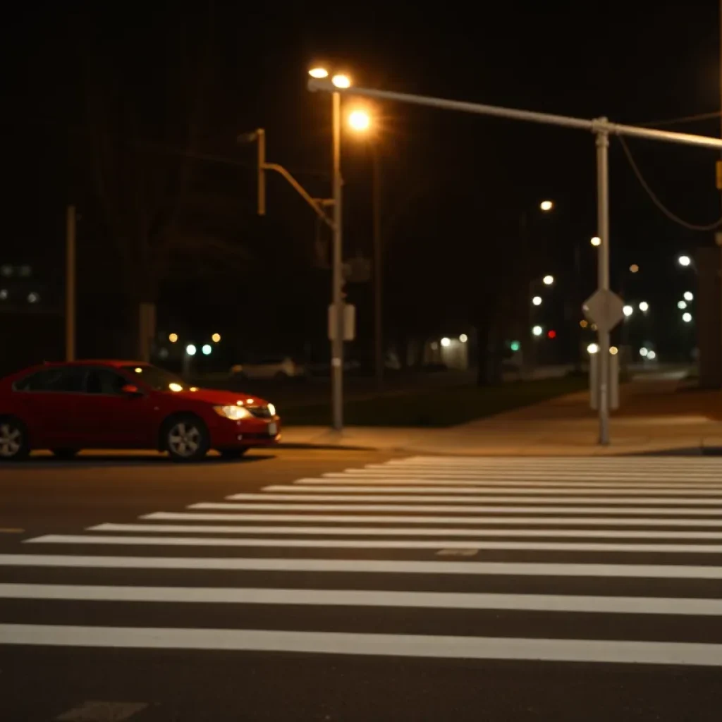 Night view of an intersection in Anaheim showing crosswalk and road signs.