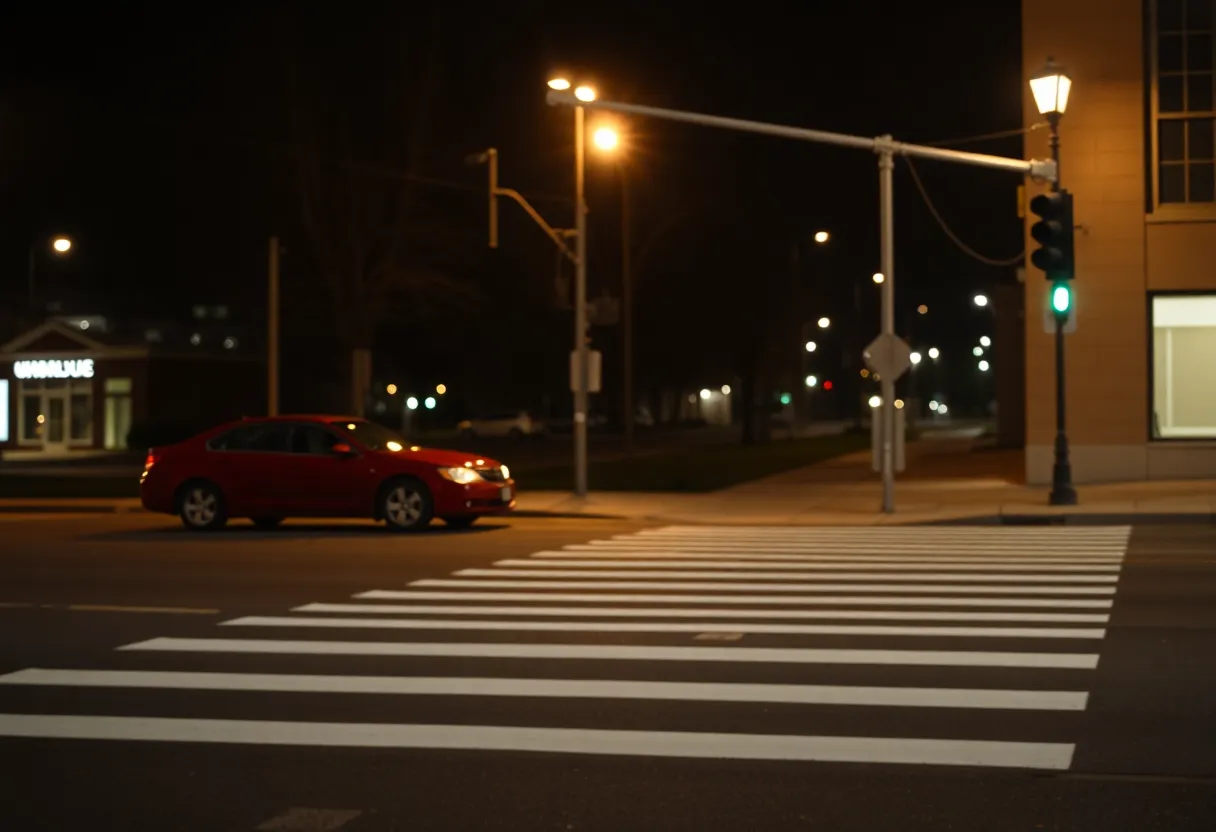 Night view of an intersection in Anaheim showing crosswalk and road signs.