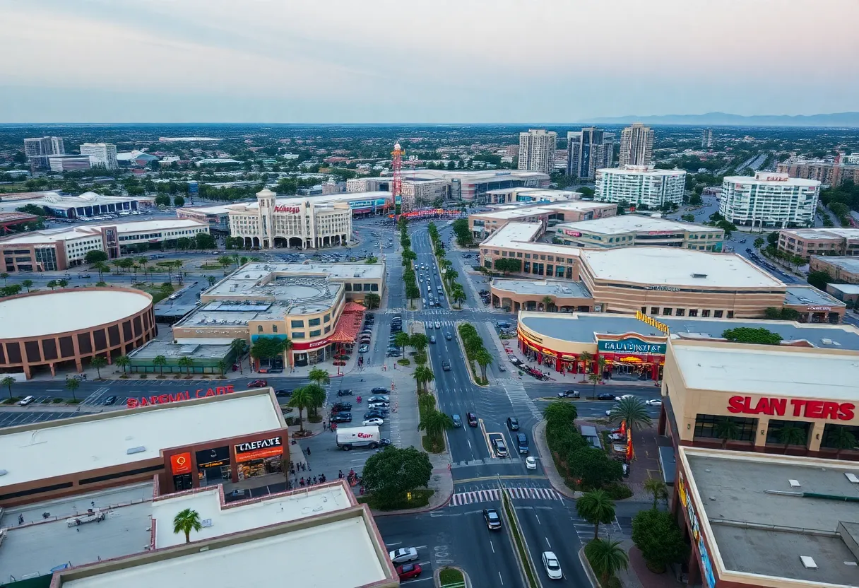Aerial view of the Pique Retail Center in Anaheim, California