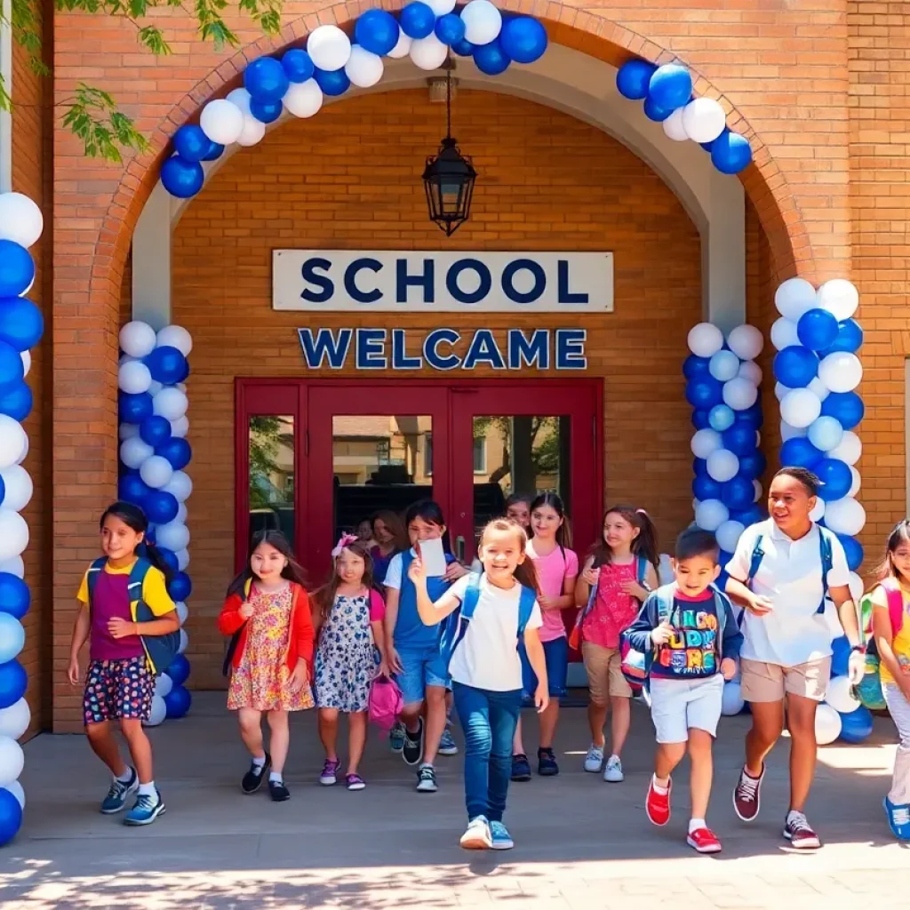 Students at Anaheim school welcome ceremony with balloons