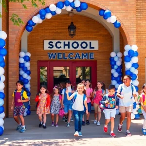 Students at Anaheim school welcome ceremony with balloons