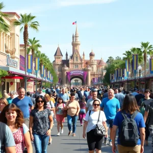 Tourists enjoying attractions in Anaheim, California