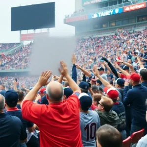 A chaotic scene of fans at Angel Stadium during a brawl.