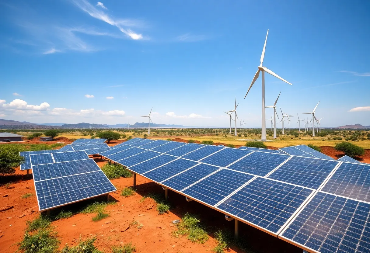 Renewable energy initiatives in Africa with solar panels and wind turbines.