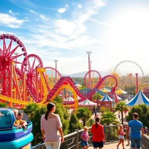 A vibrant scene showcasing California's amusement parks with roller coasters and attractions.