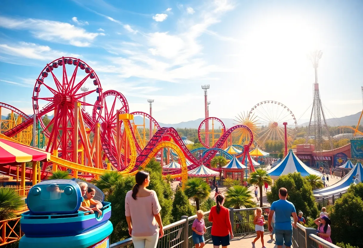 A vibrant scene showcasing California's amusement parks with roller coasters and attractions.