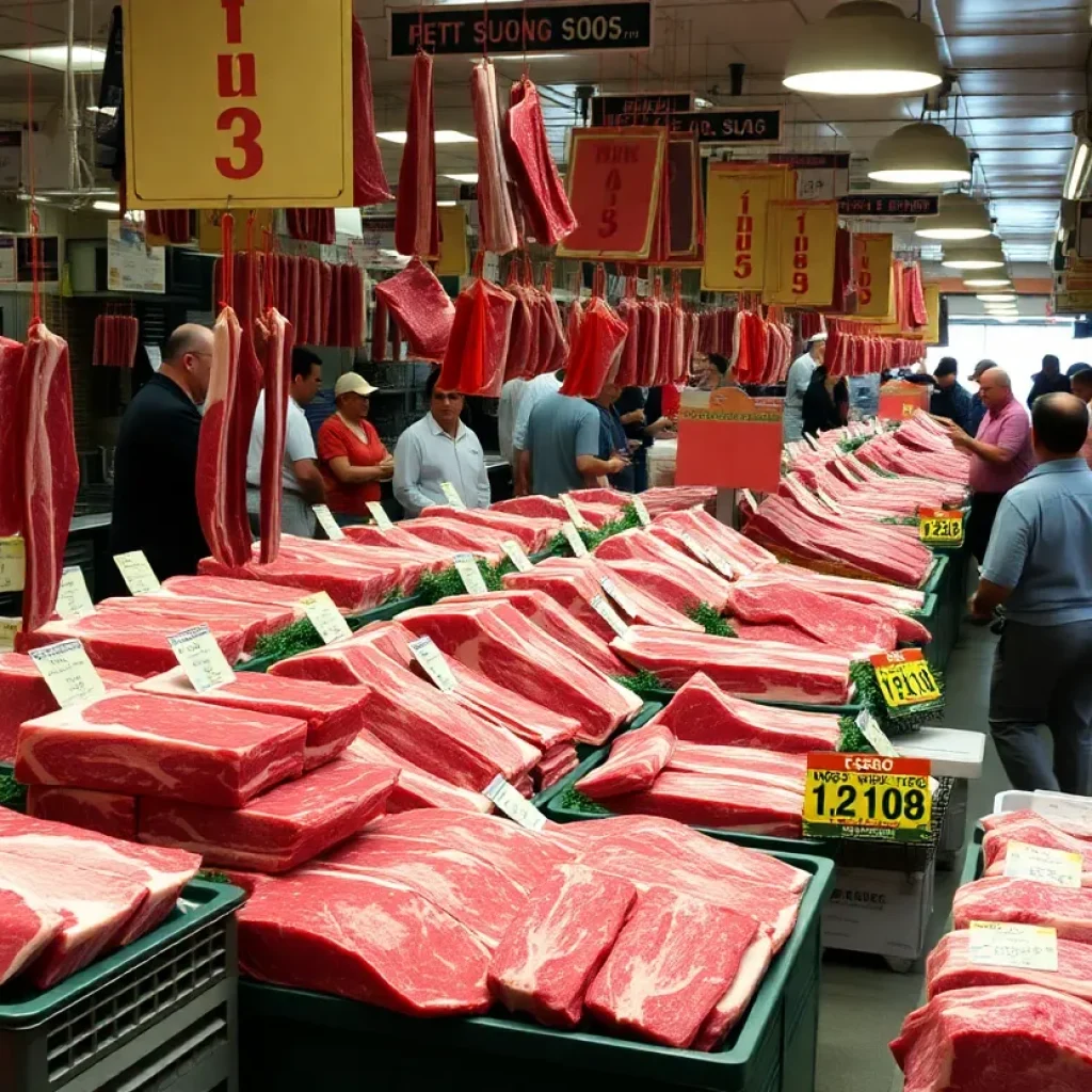 Meat market in California displaying various beef products with rising prices.