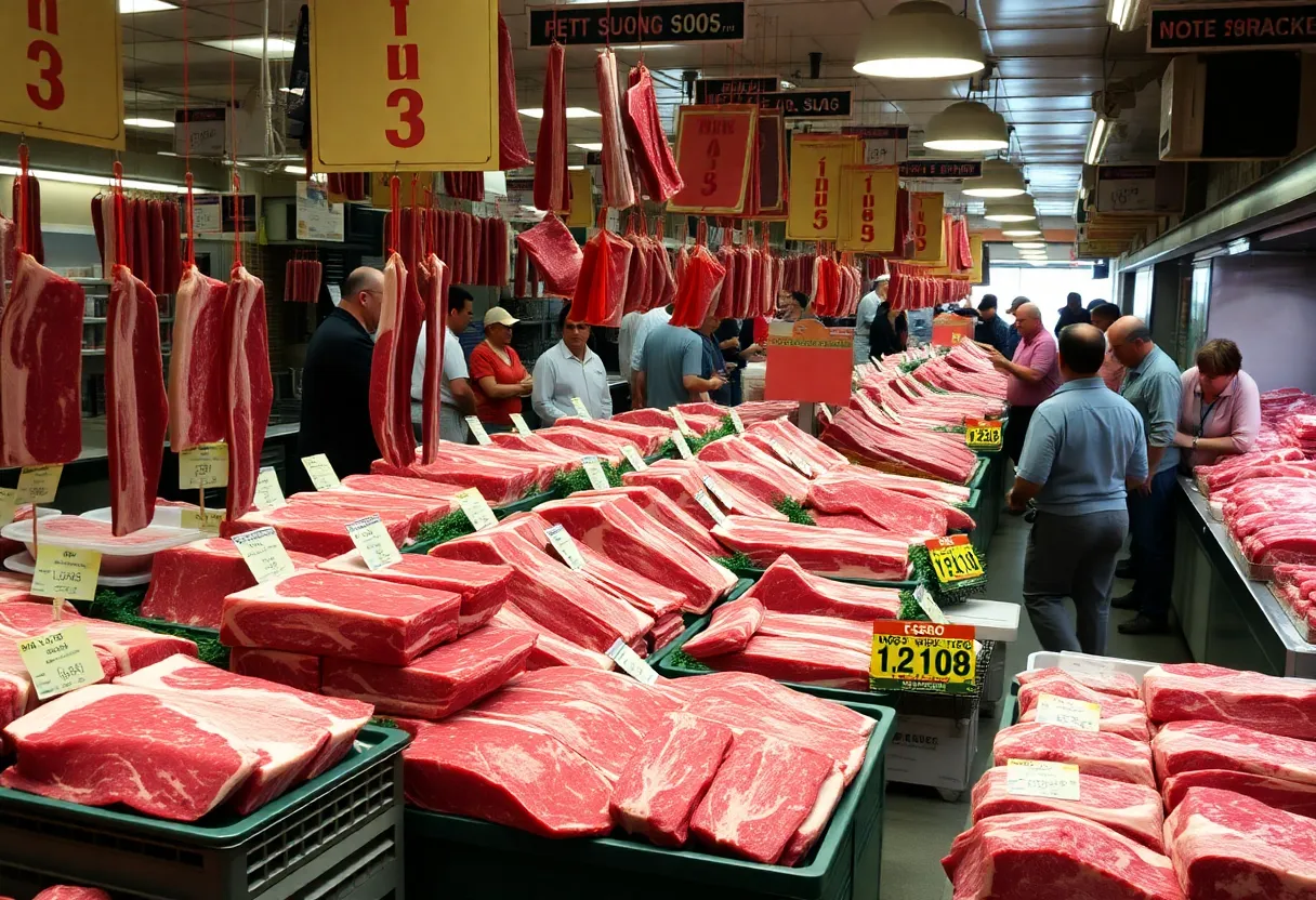 Meat market in California displaying various beef products with rising prices.