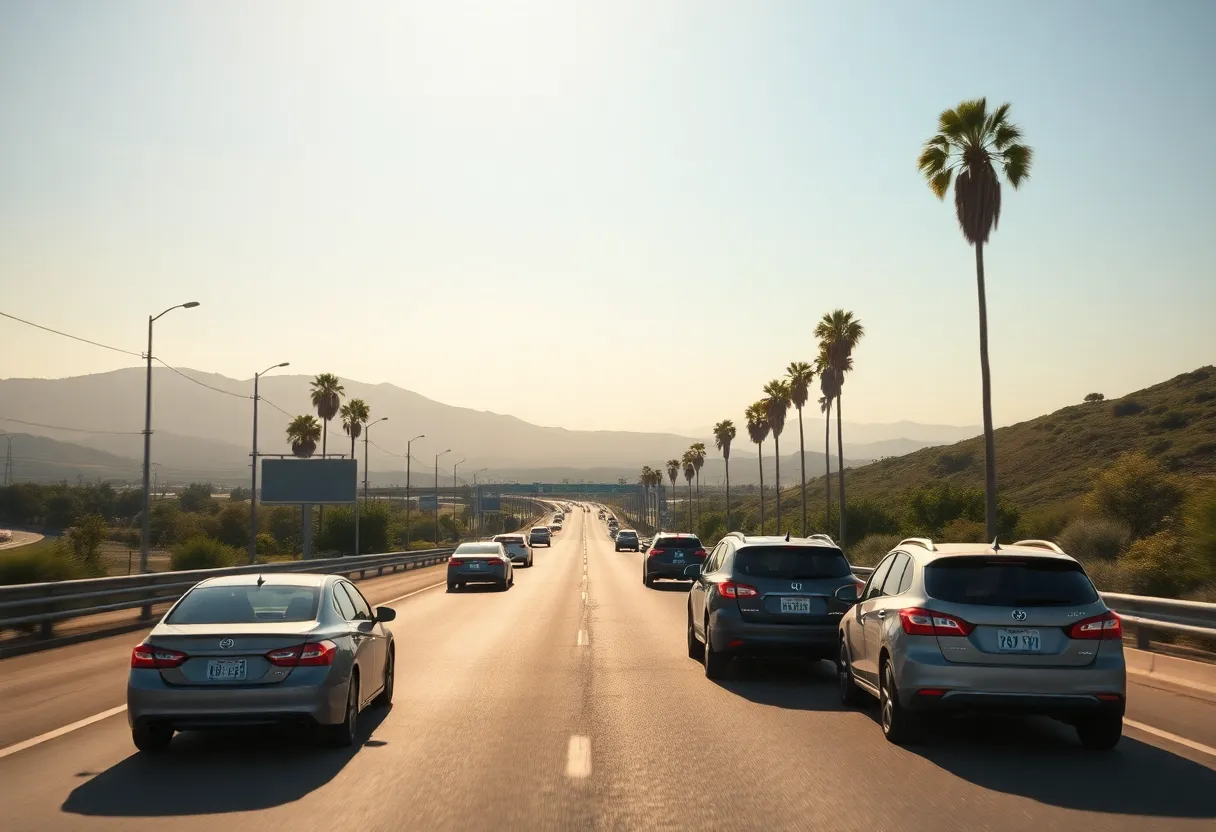 Cars on a California highway with a clear sky