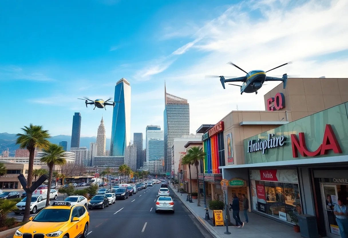 Aerial view of a California city with flying taxis and retail establishments