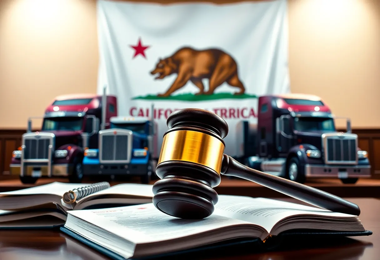 Courtroom scene with gavel and California flag representing emissions standards lawsuit