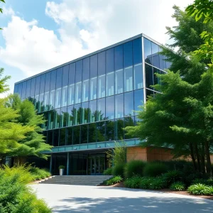 Corporate office building with green elements representing California's emissions reporting laws.