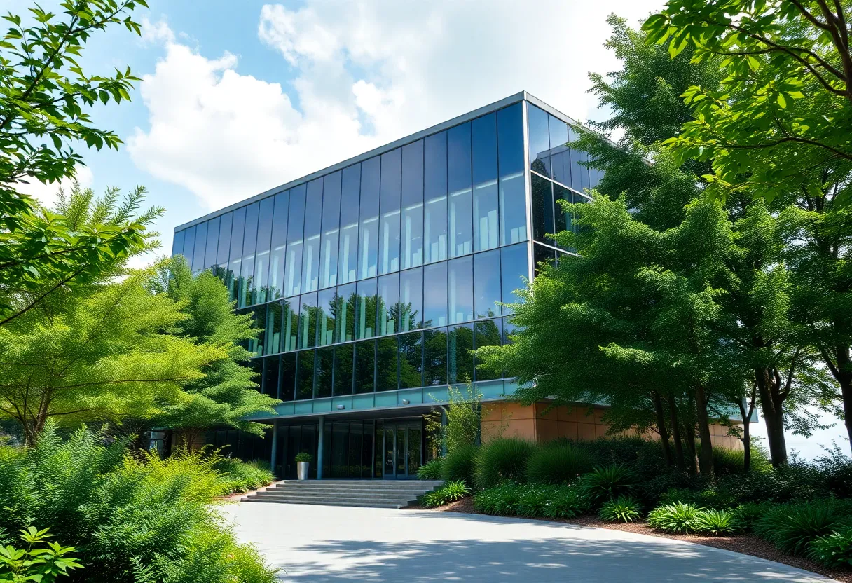 Corporate office building with green elements representing California's emissions reporting laws.