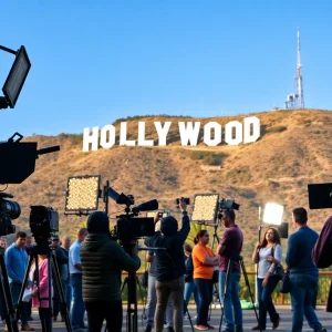 Film crew working on a California movie set