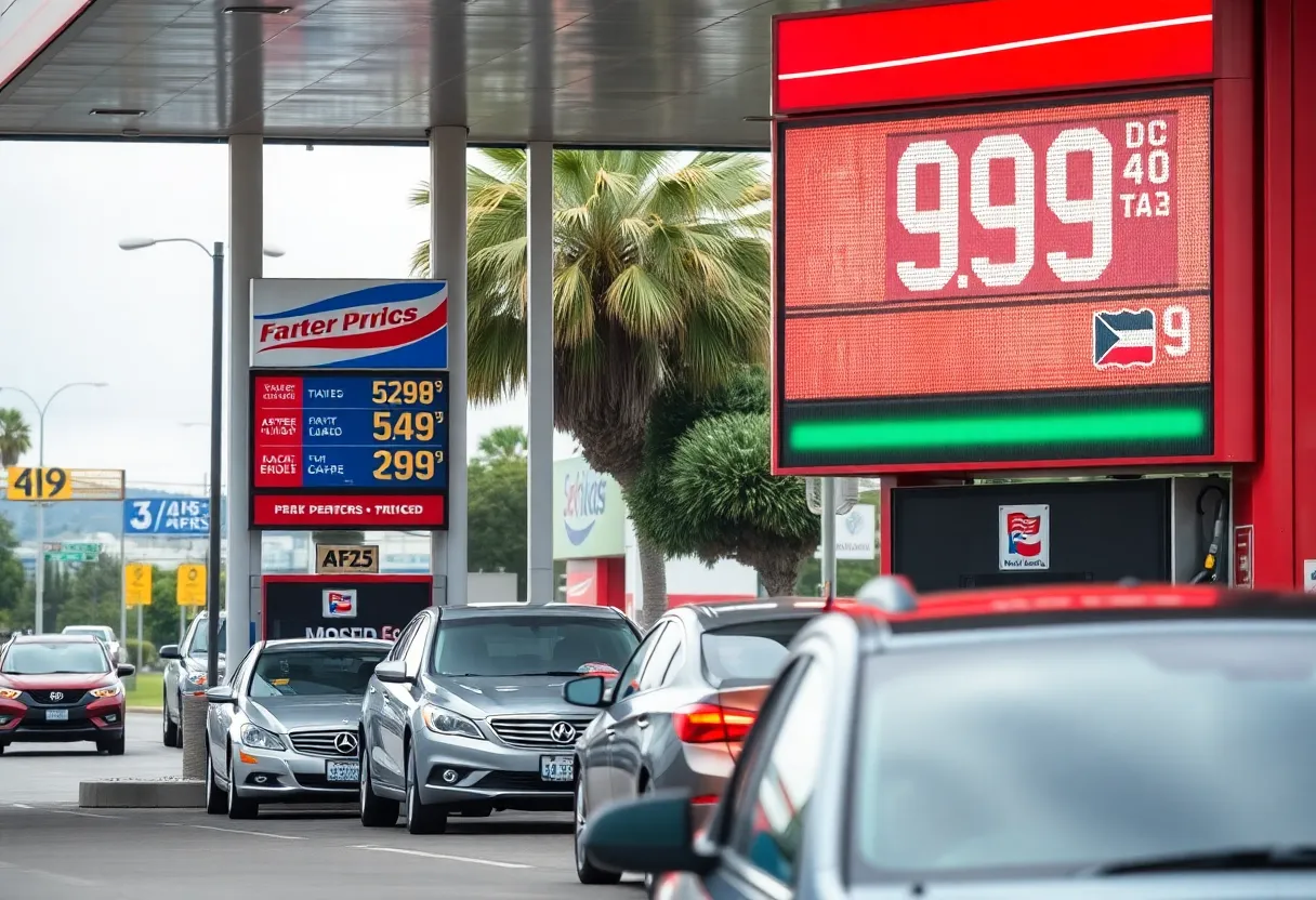 Gas station in California showing high gas prices on a digital display during Labor Day weekend